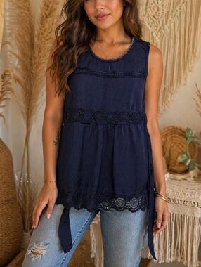 Stork & Babe 100% Viscose Navy Crochet Trim Sleeveless Boho Top